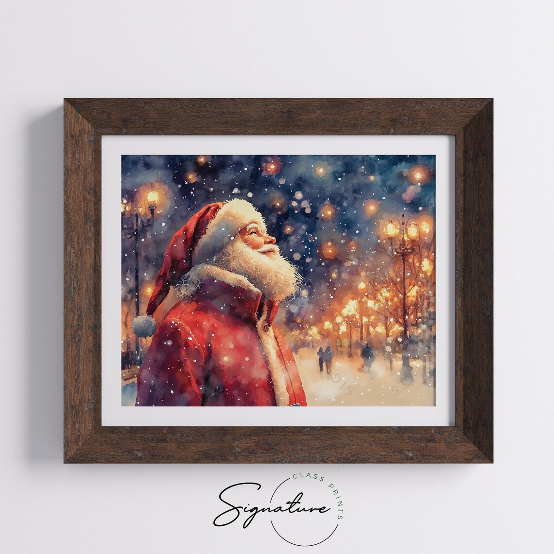 Santa Claus Watercolor Portrait Snowy Evening Street Lights Poster - Image 5