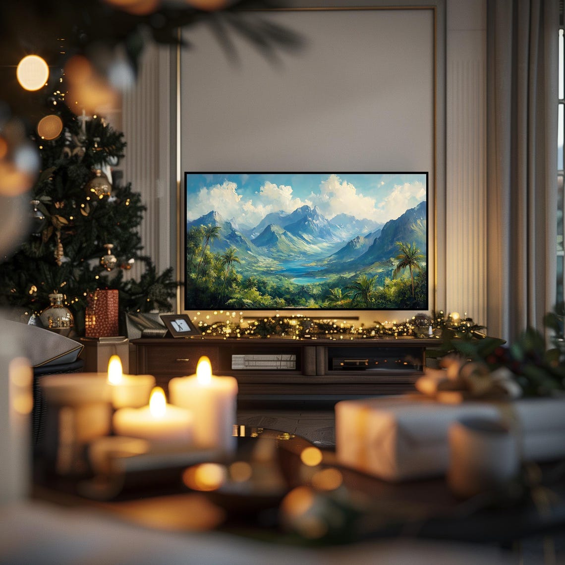 Tropical Palm Valley With Blue Mountain Lake Lush Frame TV Wall Art - Image 3