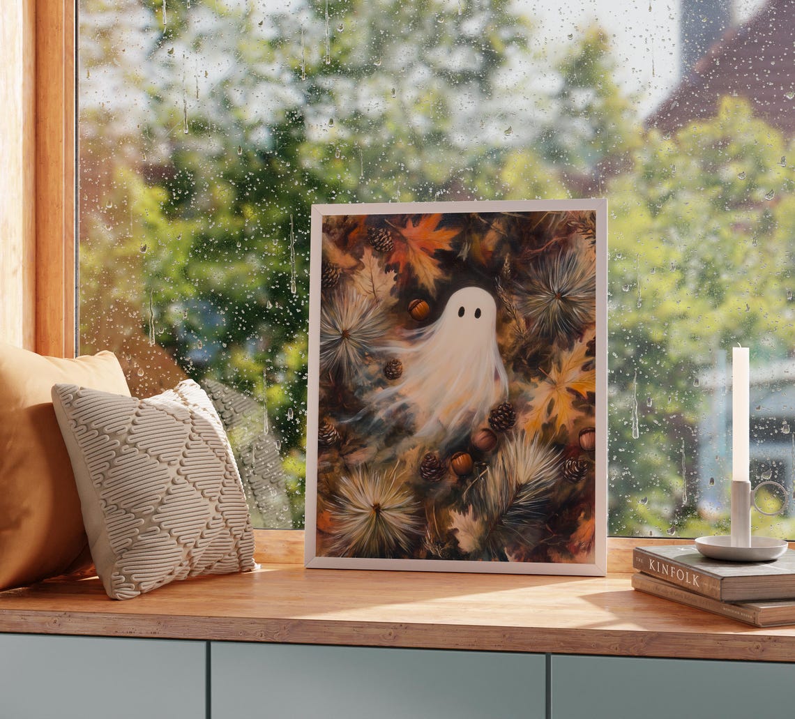 Cute Ghost Floating Through Vibrant Fall Leaves and Pinecones Poster - Image 2