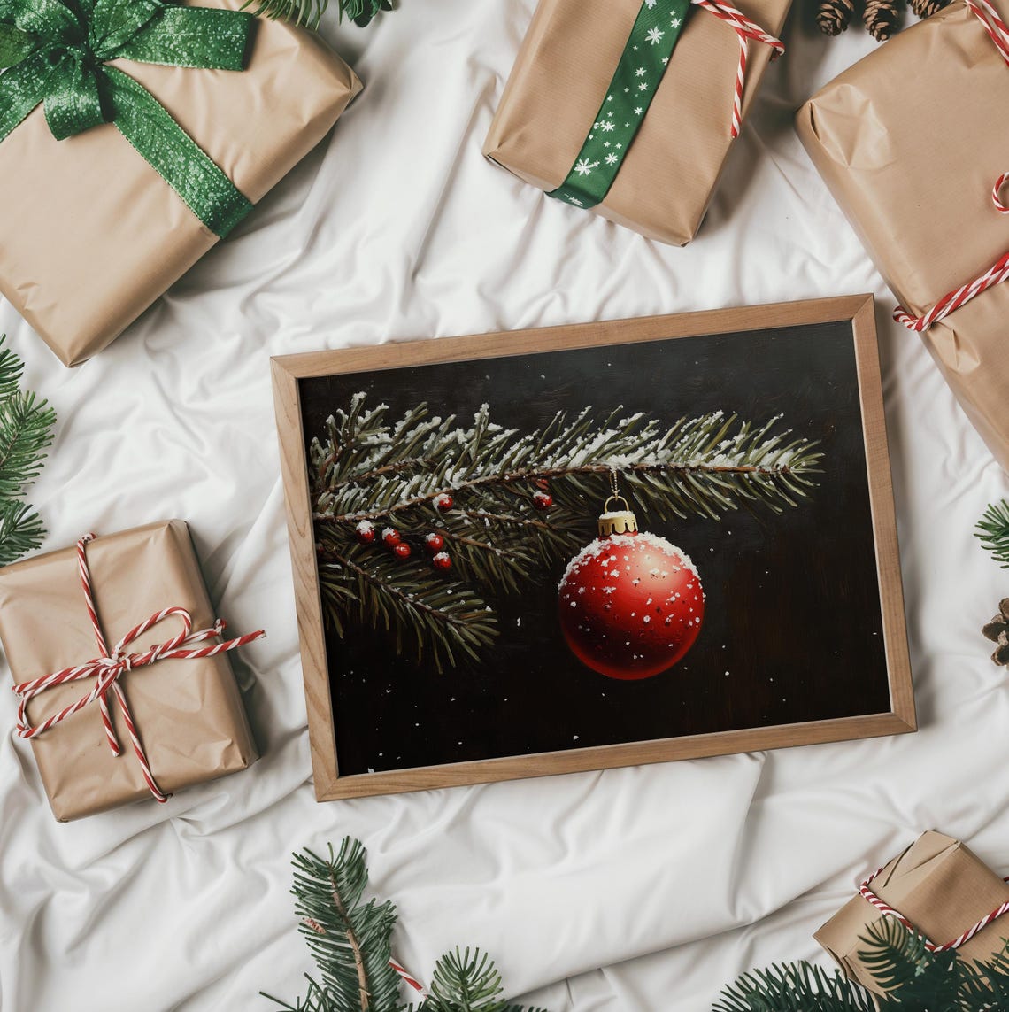 Red Christmas Ornament On Snowy Evergreen Branch Dark Style Poster - Image 2