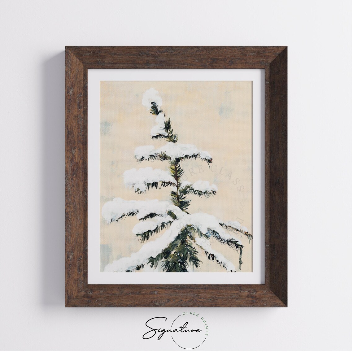 Snow Covered Fir Branch Against a Warm Beige Sky Winter Poster - Image 3