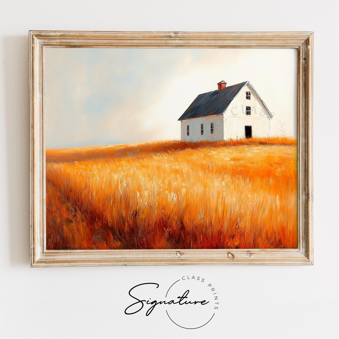 Small White Farmhouse Sitting in Sea of Golden Wheat Under Soft Sky Wall Art