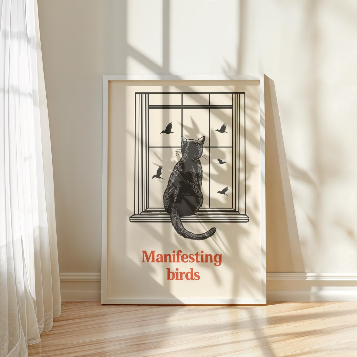 Manifesting Birds Black Cat Window Watcher Retro Quote Wall Art - Image 5
