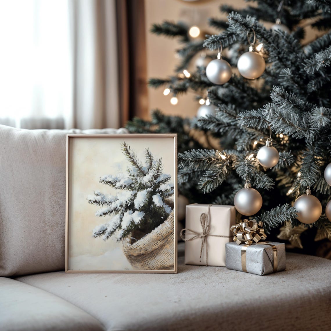 Snow Covered Pine Sprig In Burlap Sack Soft Winter Still Life Wall Art - Image 6