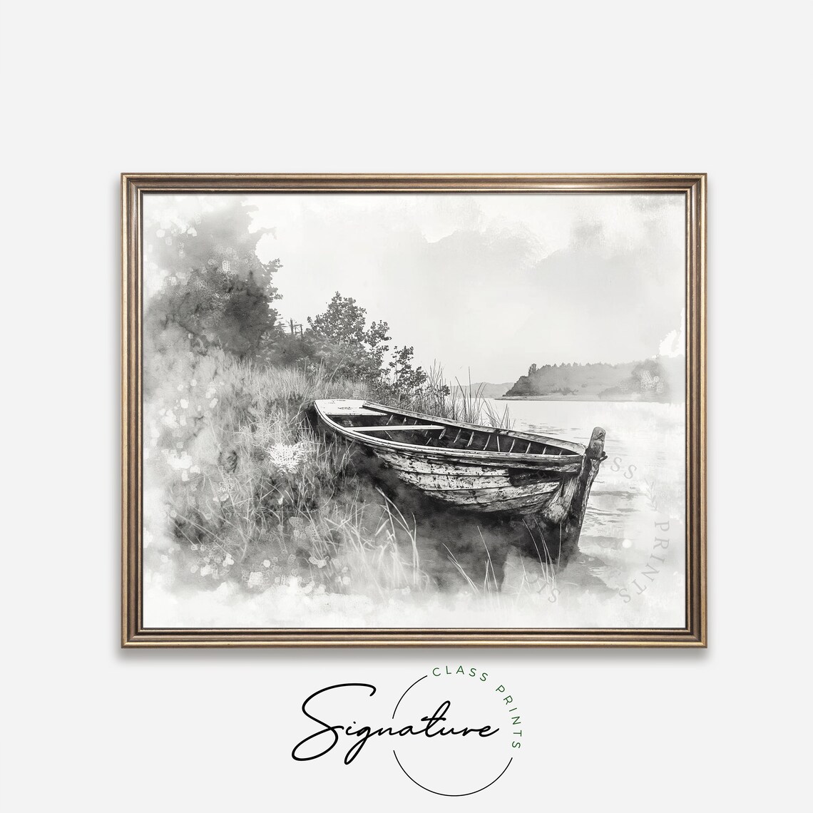 Abandoned Wooden Boat In Misty Reeds Riverbank Watercolor Art Poster - Image 4