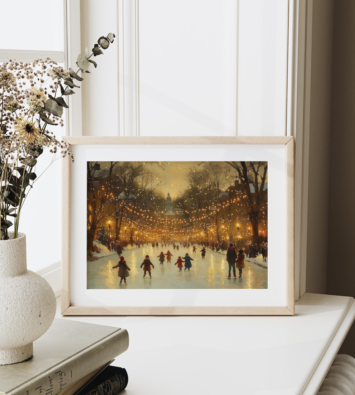 Ice Skaters Under String Lights on Night Rink Winter Holiday Art Poster - Image 6