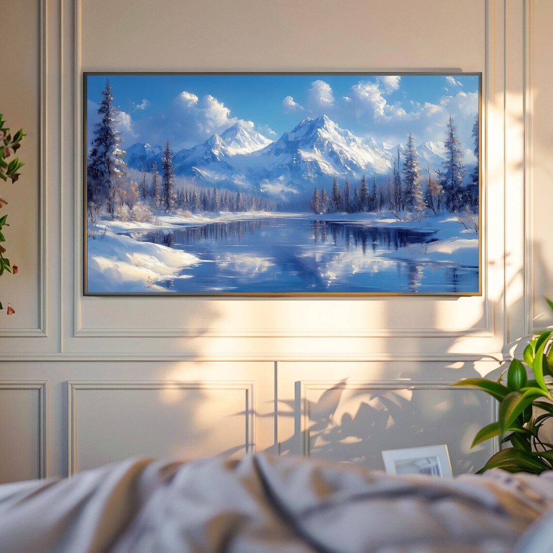 Snowy Alpine Lake And Mountain Range Bright Winter Day Landscape Art Poster - Image 4