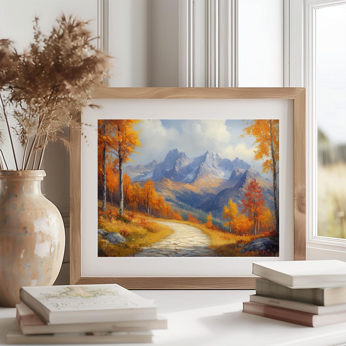 Rocky Path Through Fiery Autumn Forest Toward Mountain Peaks Poster - Image 2