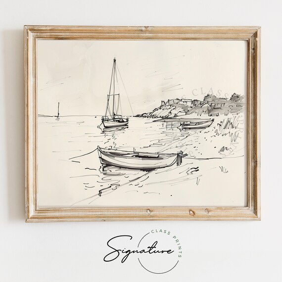 Quiet Cove Sailboats Drifting Boats Ink Line Coastal Sketch Poster