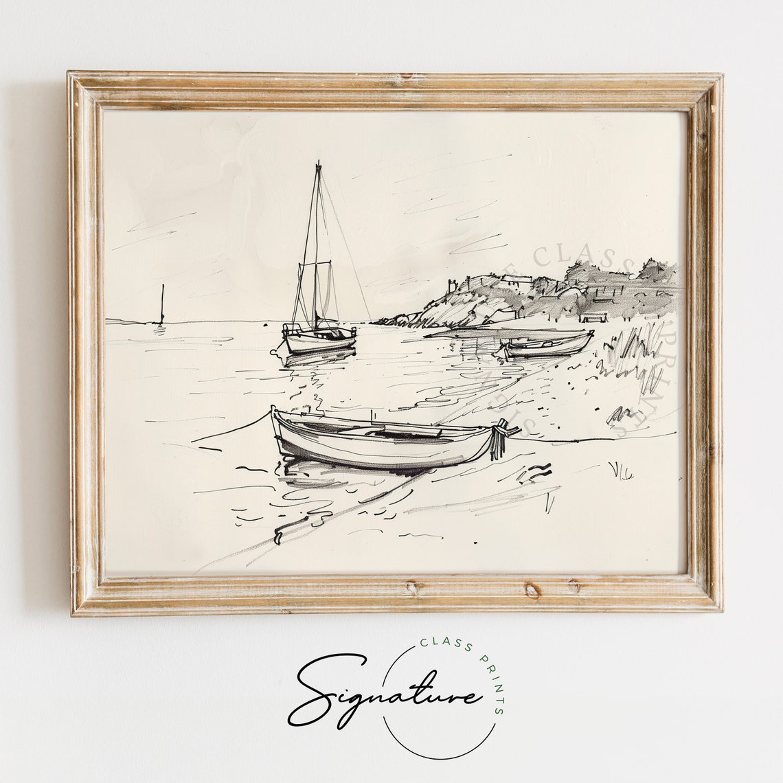 Quiet Cove Sailboats Drifting Boats Ink Line Coastal Sketch Poster