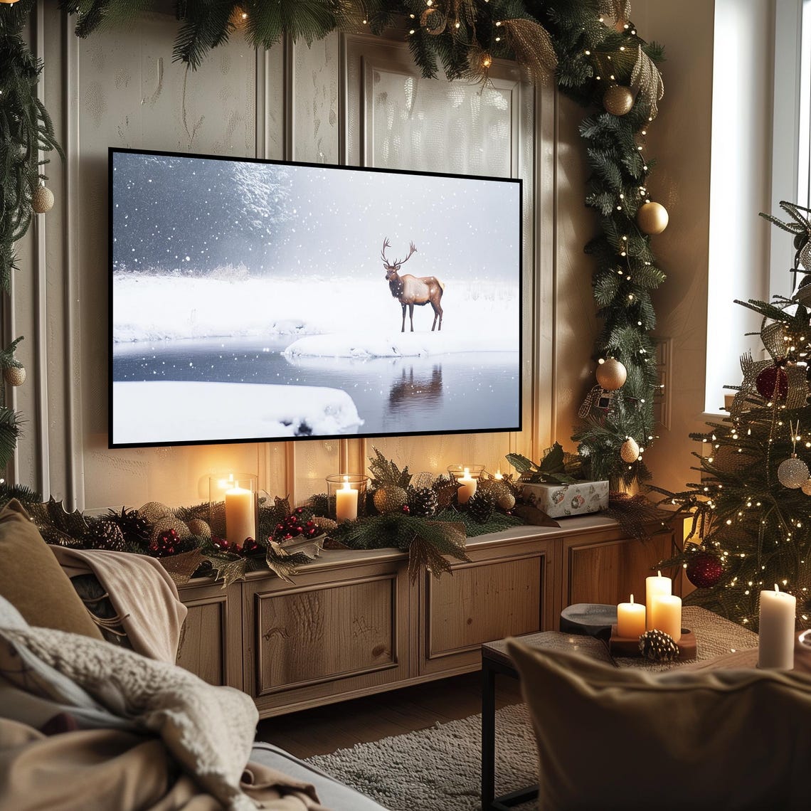 Elk Standing by Frozen Pond Falling Snow Winter Wildlife Poster - Image 3