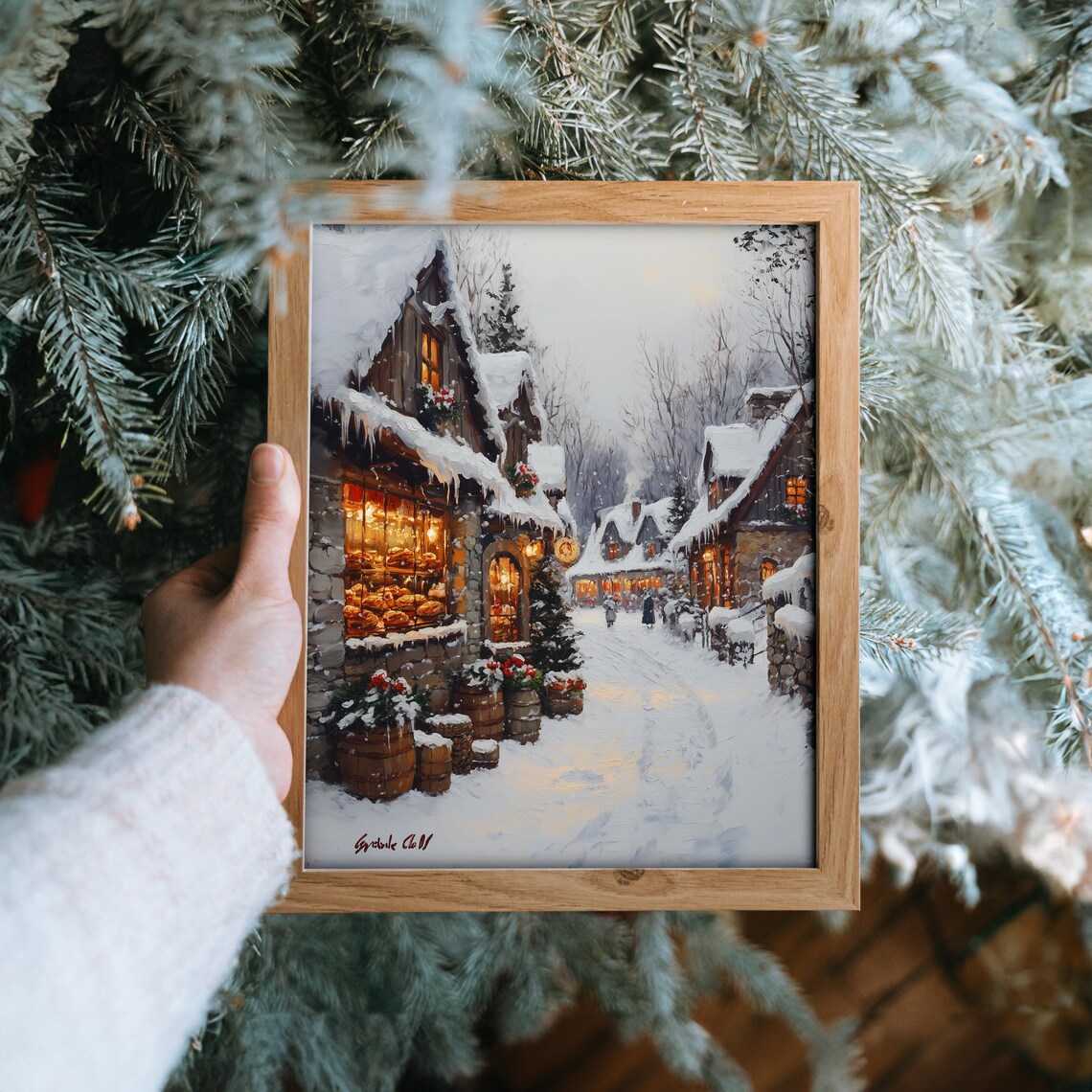 Snowy Village Bakery Street with Glowing Windows at Dusk Poster - Image 6