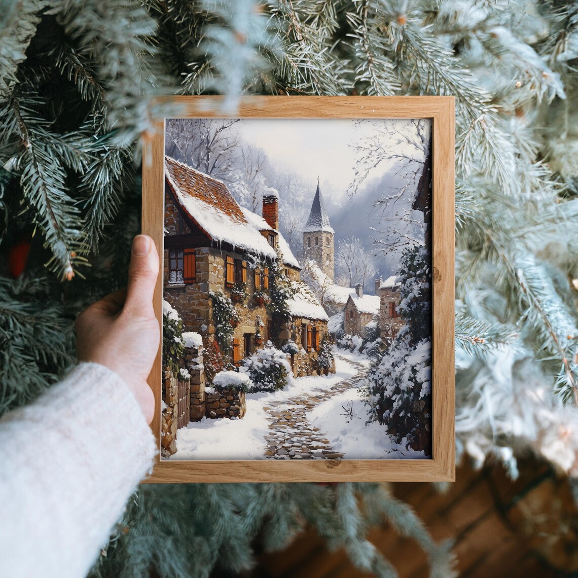Snowy European Village Street with Church Spire Winter Poster - Image 6