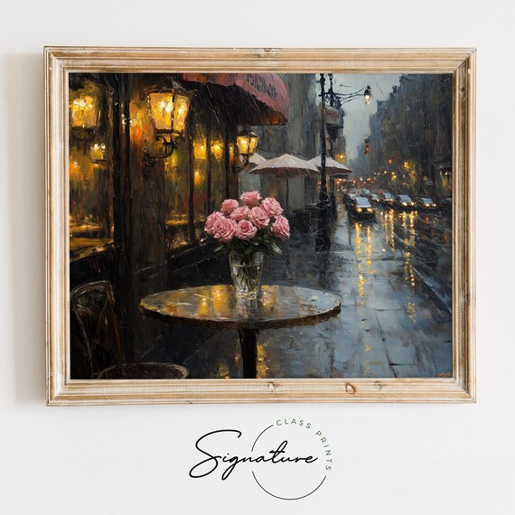 Moody City Cafe At Night Painting Vintage Romantic Street Scene Rainy Lantern Glow Valentines Wall Art Decor 3572