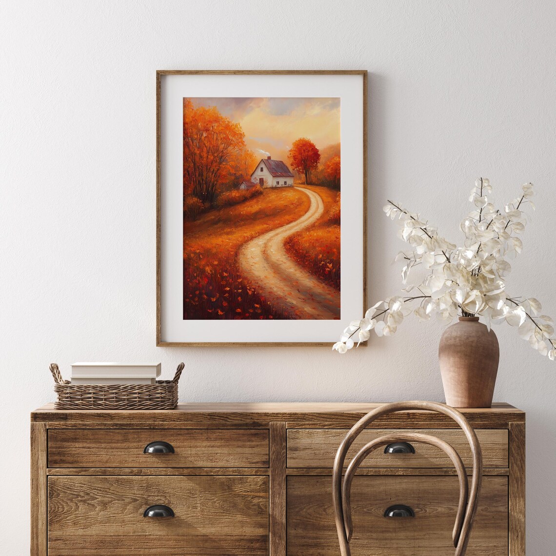 White Farmhouse at End of Winding Road in Fiery Autumn Poster - Image 5