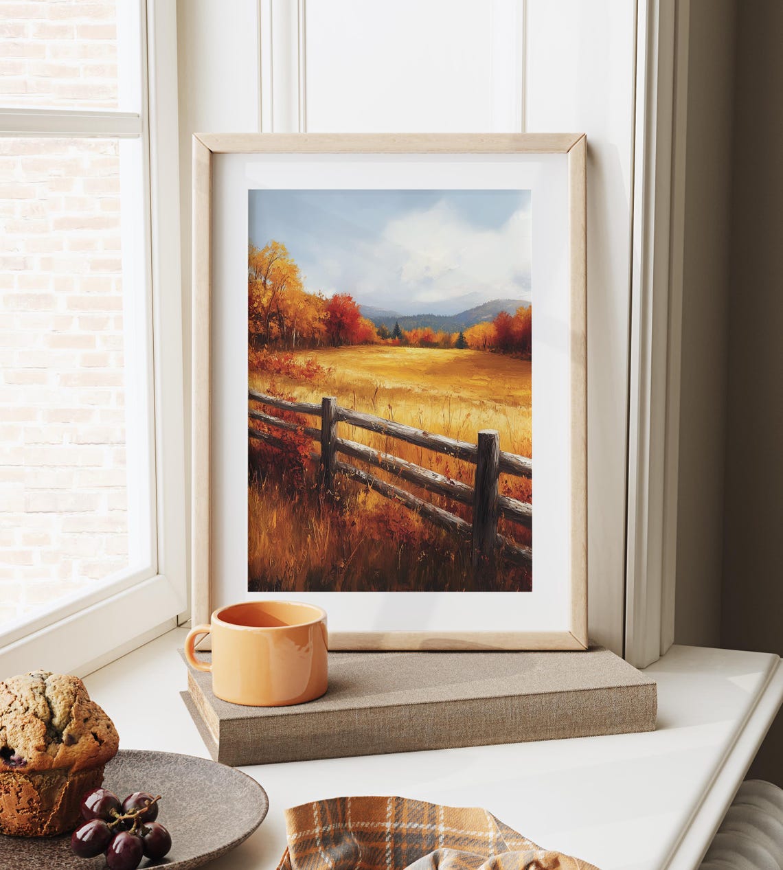 Autumn Meadow with Wooden Fence and Distant Mountain View Poster - Image 6