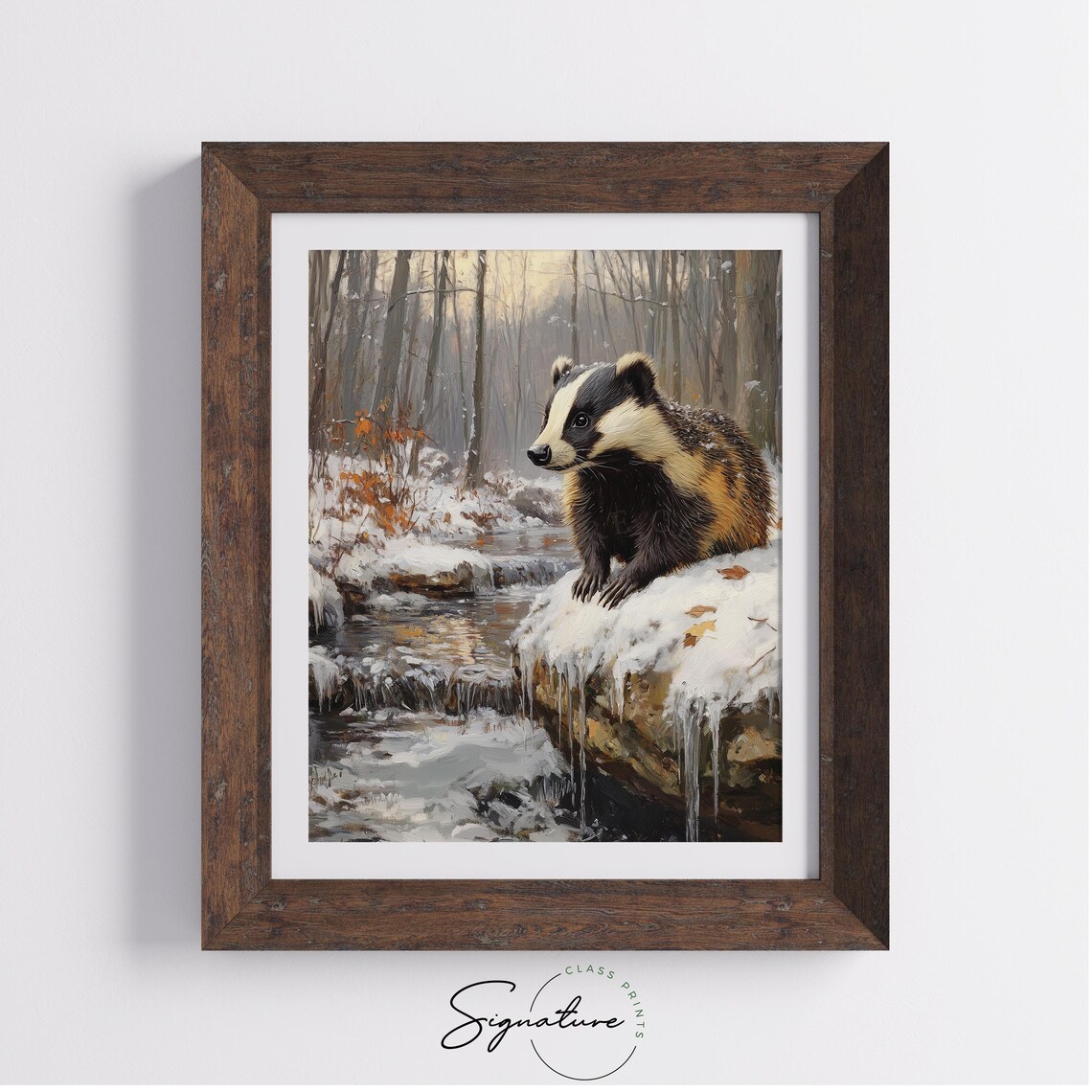 Badger Snowy Stream Winter Woodland Forest Wildlife Oil Painting Poster - Image 2