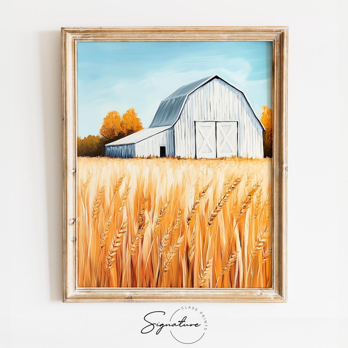 White Barn Wheat Field Blue Sky Rustic Farm Simplicity Poster