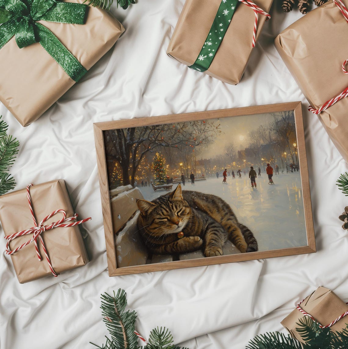 Tabby Cat Napping on a Snowy Park Bench Overlooking Ice Skaters Poster - Image 2