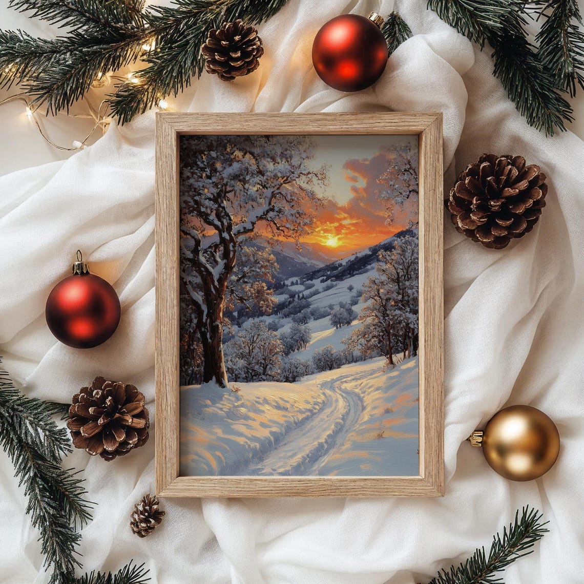 Snowy Mountain Valley Warm Sunset Glow Winter Landscape Poster - Image 4