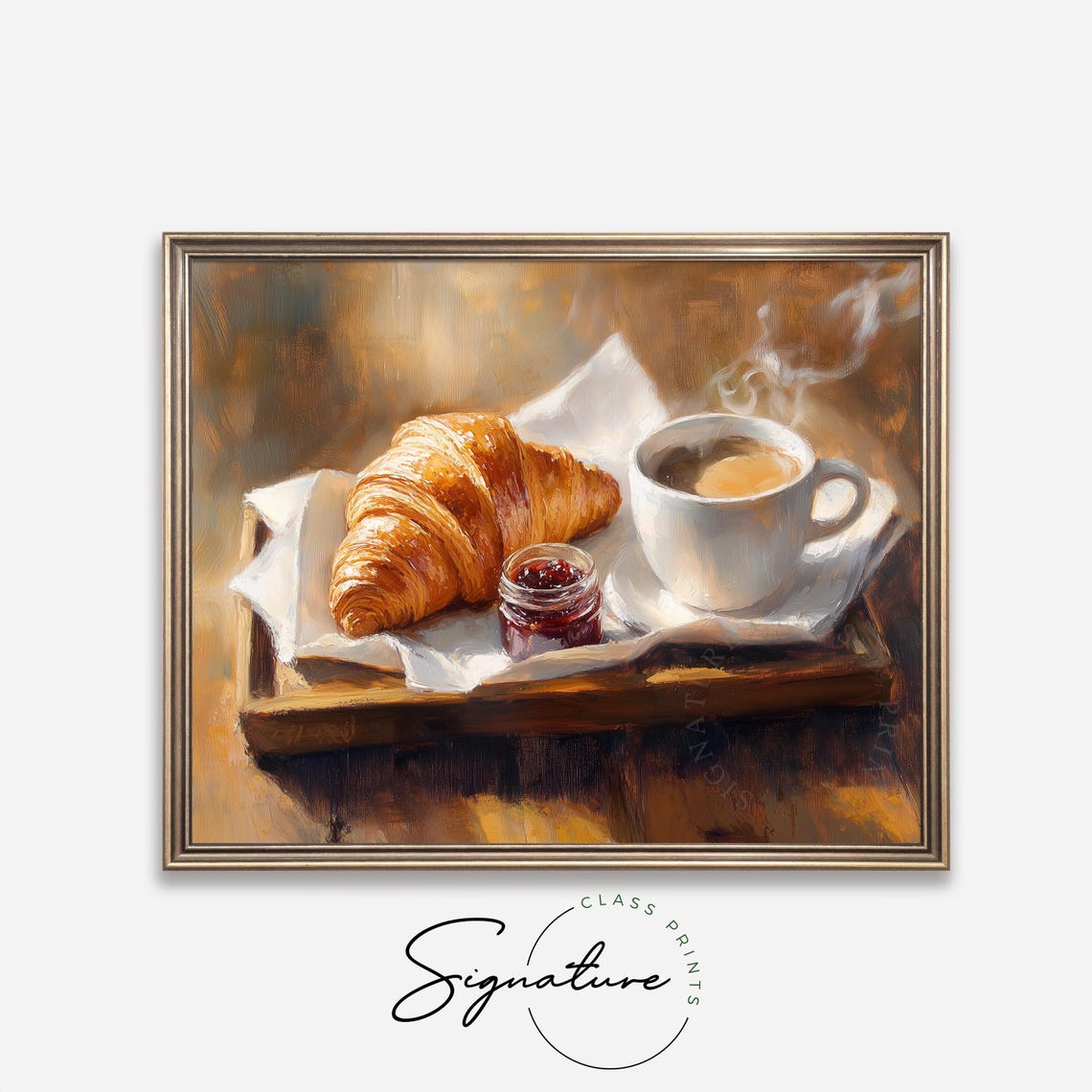 Croissant Coffee And Jam Rustic Breakfast Still Life Painting Wall Art - Image 2