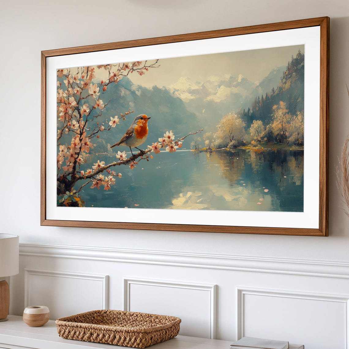 Robin On Blossom Branch Over Calm Mountain Lake Spring Poster - Image 2