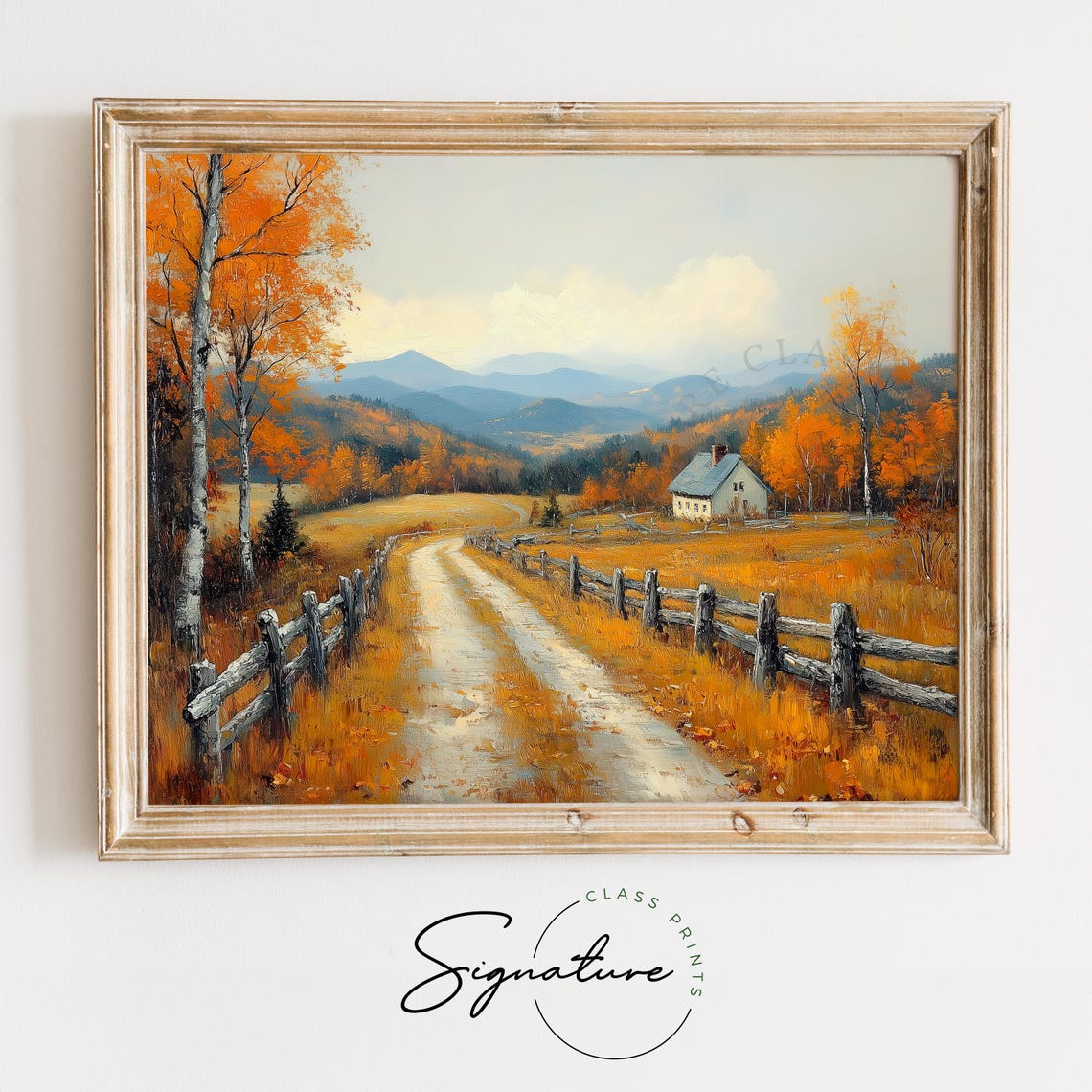 Country Road Between Split Rail Fences to Old Farmhouse Poster