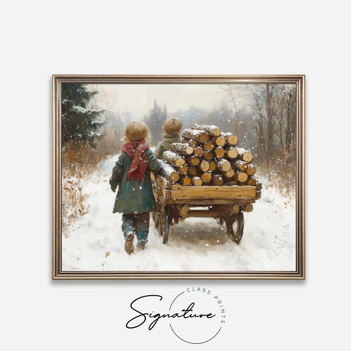 Two Children Pulling Firewood Wagon Through Falling Snow Poster - Image 4