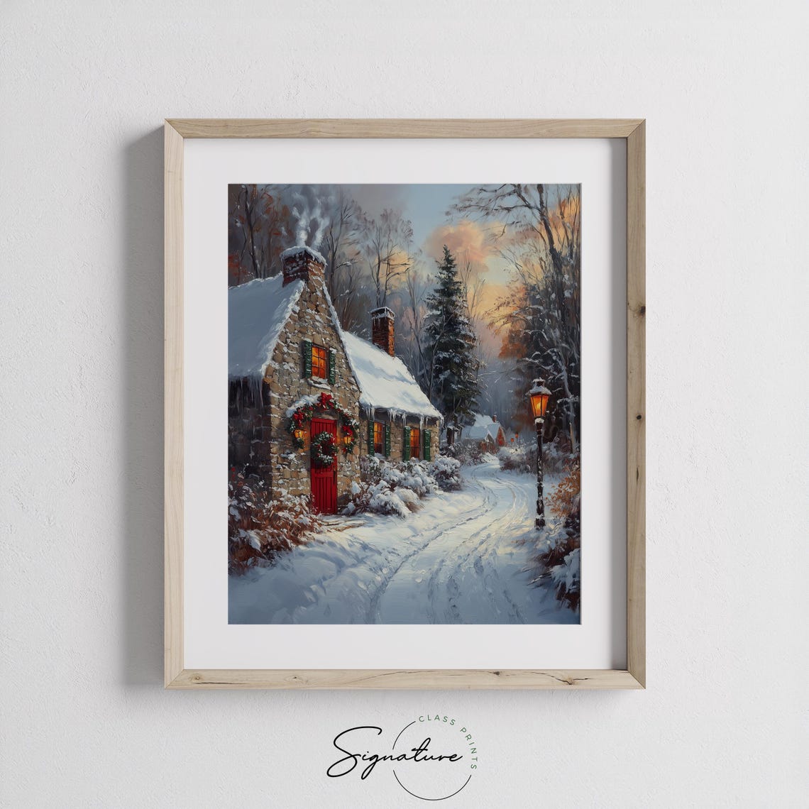Christmas Cottage with Glowing Windows and Red Door Sunset Poster - Image 2