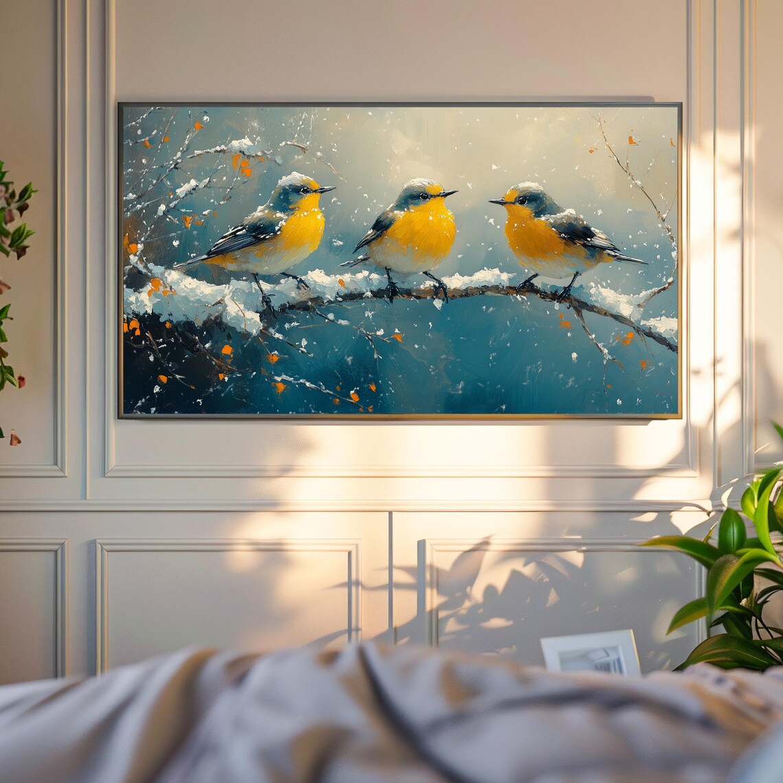 Goldcrest Trio On Frosty Branch In Falling Snow Moody Winter Art Poster - Image 4