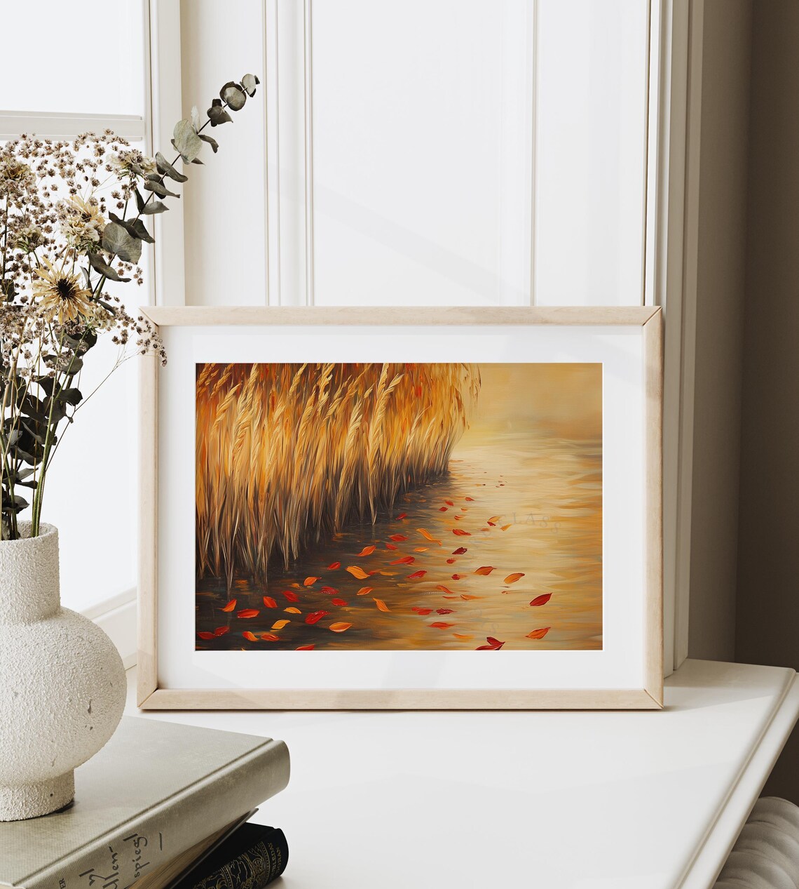 Golden Autumn Reeds By The Water With Floating Leaves Lakeside Poster - Image 6