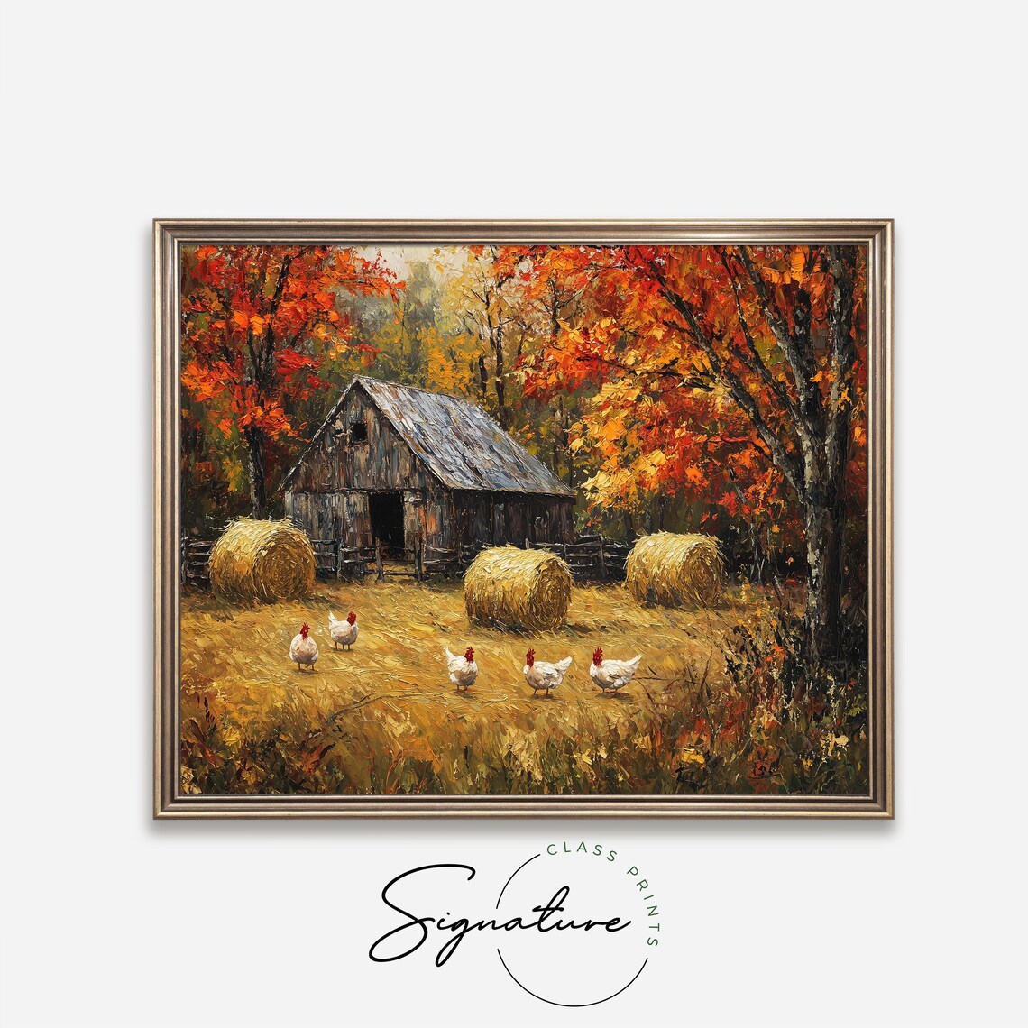 Rustic Barn Chickens Painting Autumn Hay Bales Fall Farm Landscape Poster - Image 4