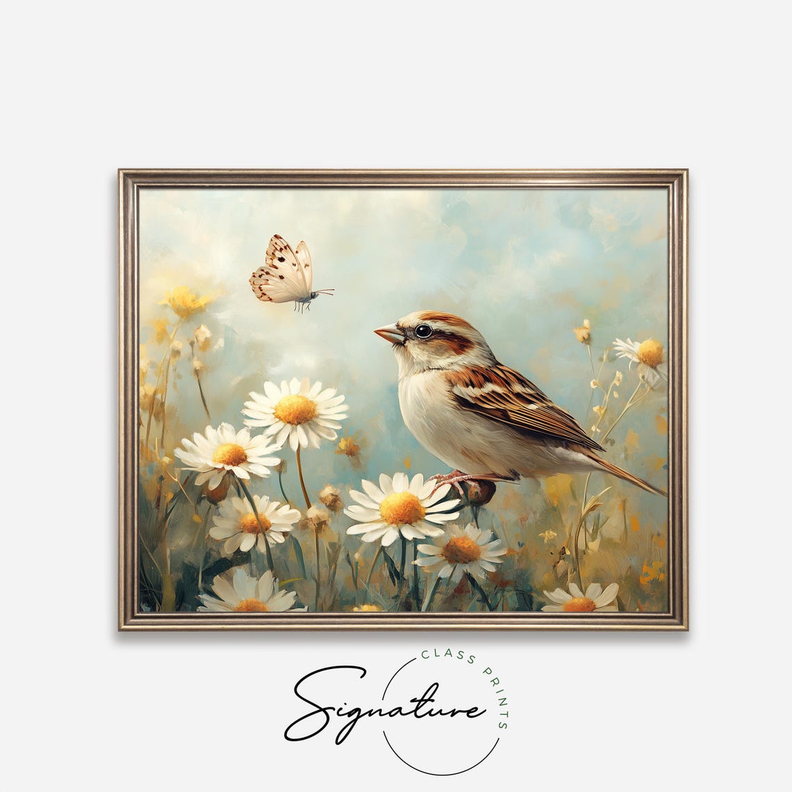 Sparrow Amid White Daisies With Butterfly Sunny Spring Garden Poster - Image 4