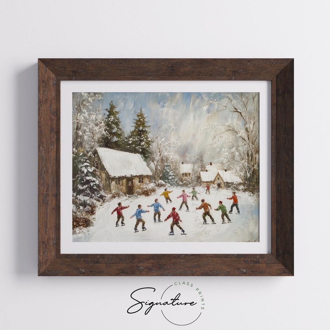 Children Ice Skating On Frozen Pond Near Snowy Cottages Poster - Image 5