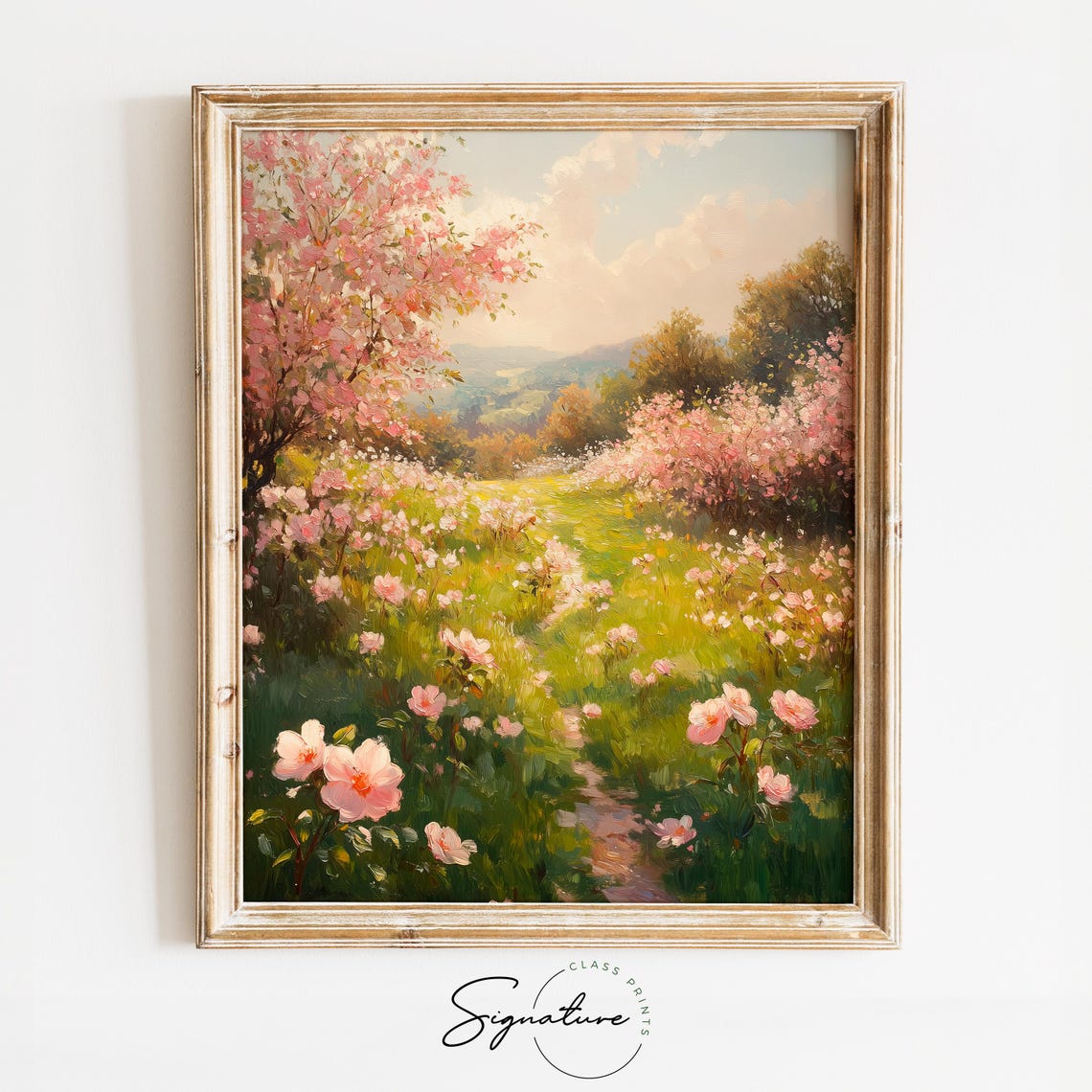 Blooming Meadow With Pink Blossoms And Rolling Hills Spring Art Poster
