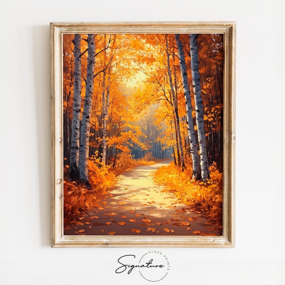 Earthy Autumn Forest Path Sunlit Birch Trees Rustic Fall Wall Art Cottagecore Woodland Scene Moody Fall Decor Art Print 1782