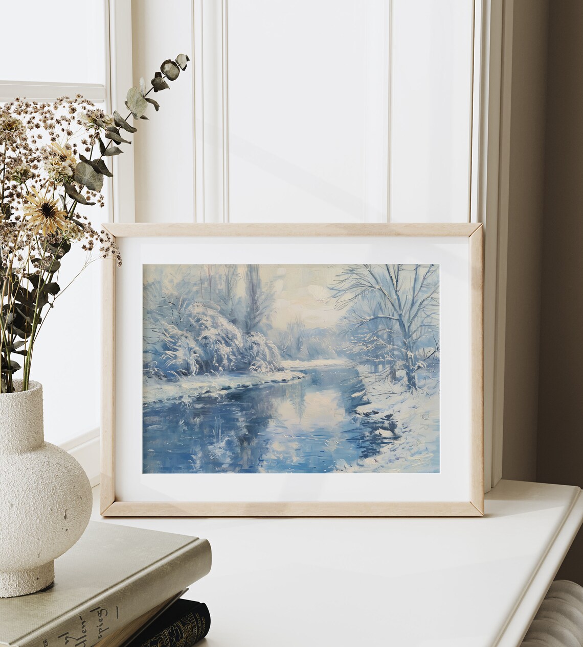 Tranquil Snowy River Scene Winter Landscape Blue Painting Poster - Image 6