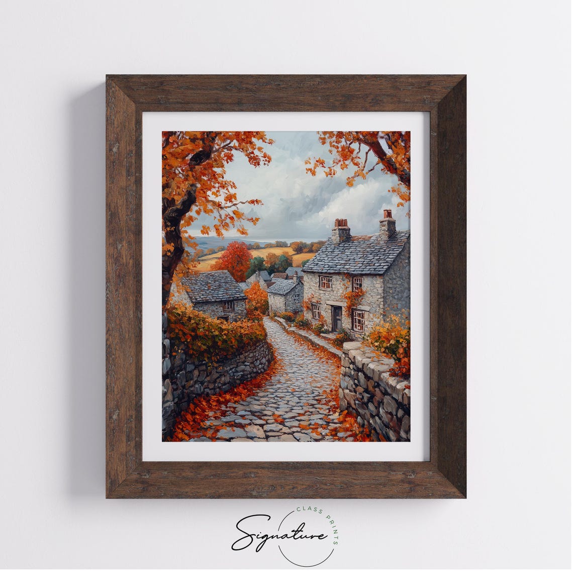 Autumn Village Cobblestone Street Stone Houses Orange Trees Poster - Image 4