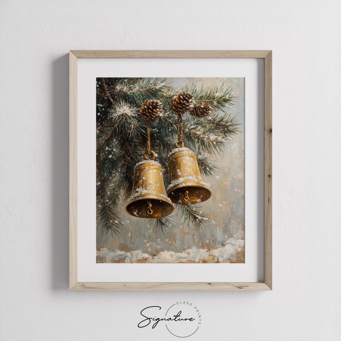 Pair of Golden Christmas Bells on a Snowy Evergreen Branch Poster - Image 2