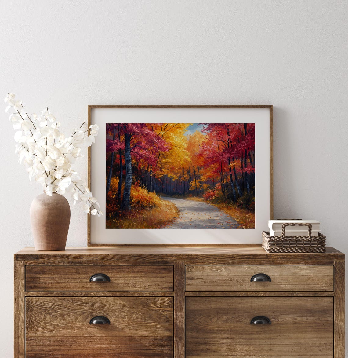 Autumn Forest Road Red Orange Trees Impasto Fall Landscape Wall Art - Image 3