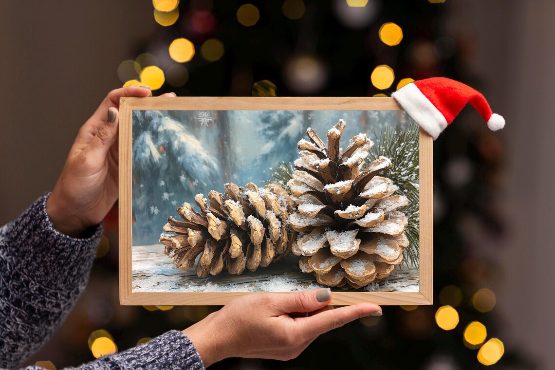 Snowy Pinecones Winter Forest Still Life Oil Painting Poster - Image 2