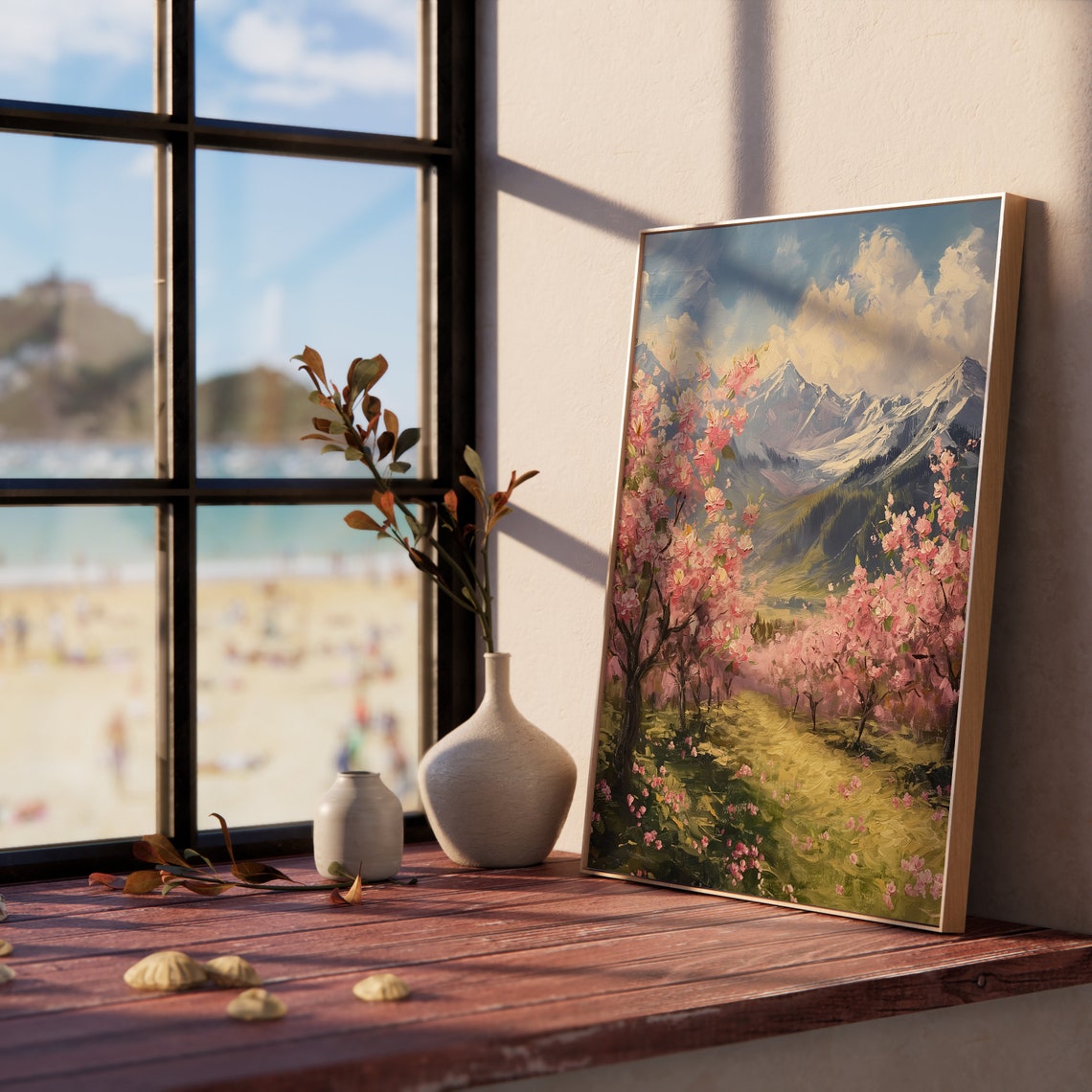 Pink Blossom Orchard Golden Meadow Spring Snowy Mountain Poster - Image 5
