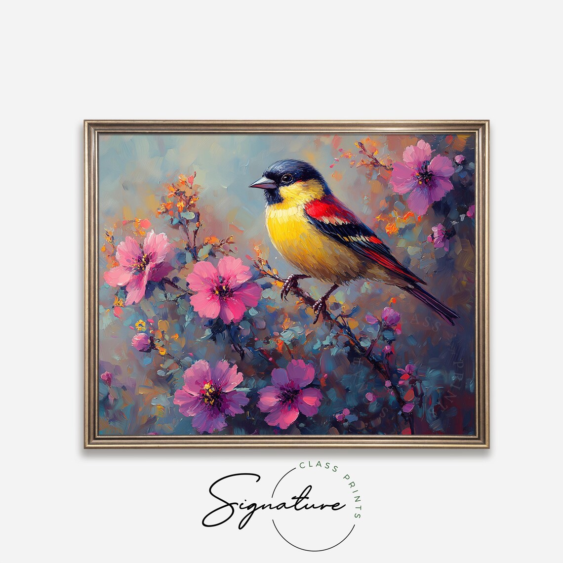 Colorful Songbird Perched On Pink Blossoms Vibrant Floral Wall Art - Image 4