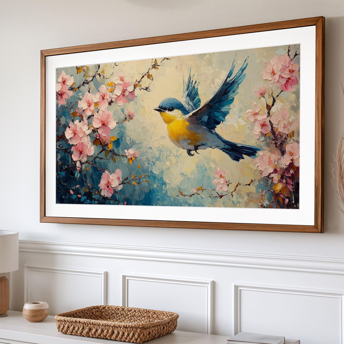 Finch Flying Pink Azalea Blossoms Spring Bird Wings Spread Vibrant Art Poster - Image 2
