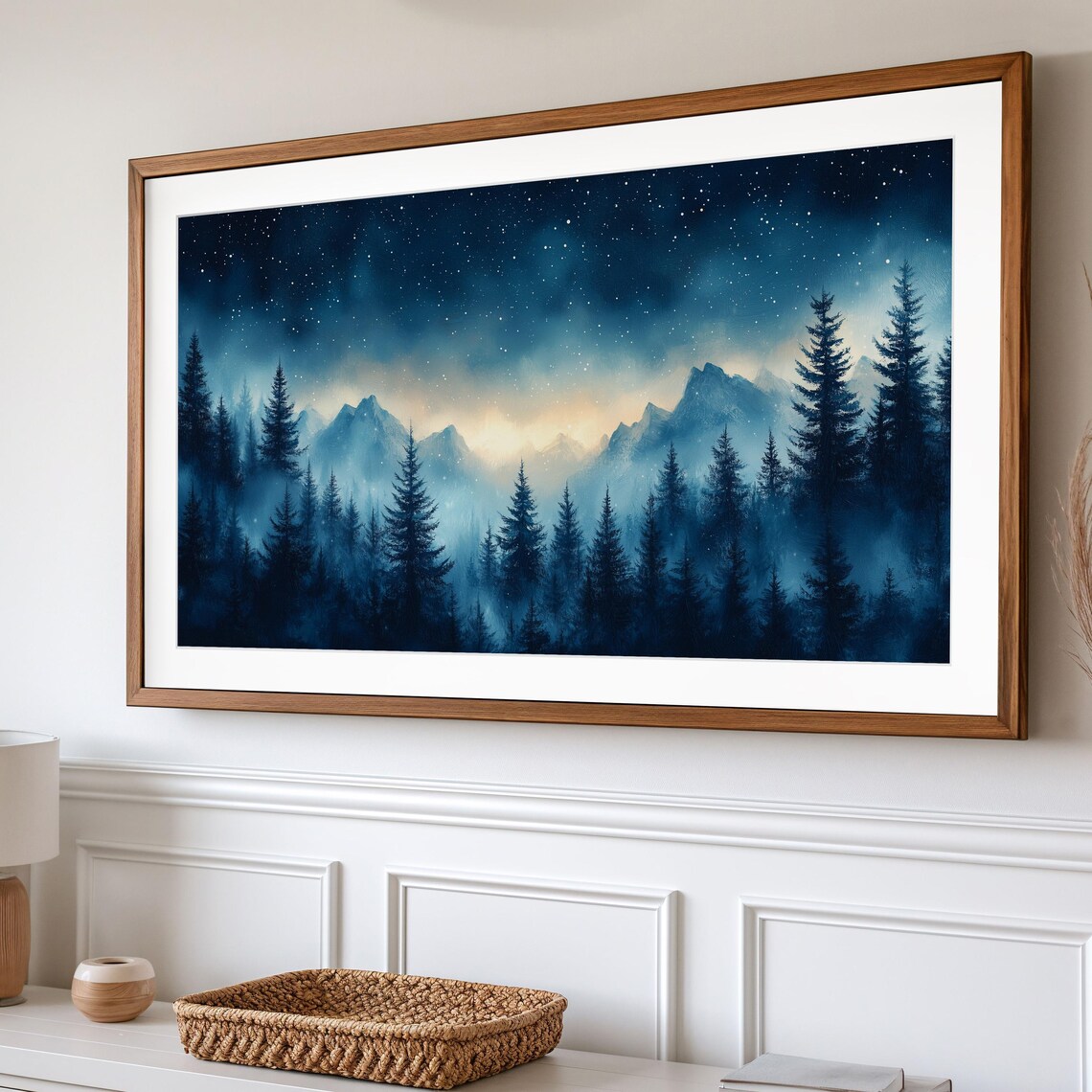 Dense Snowy Forest Starry Night Sky Mountains Moonlit Mist Winter Poster - Image 2