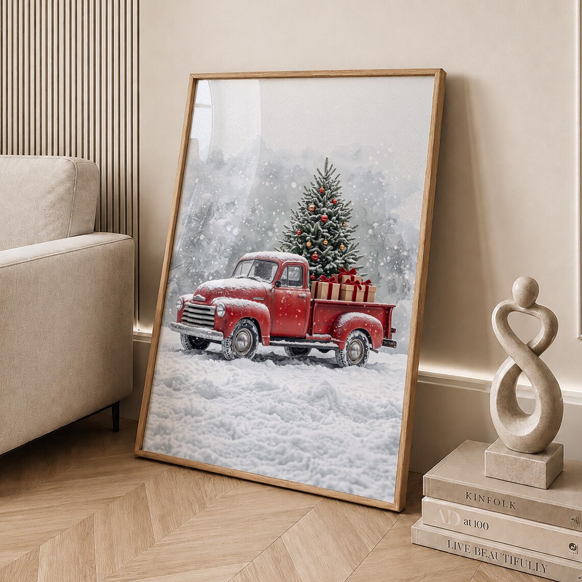 Red Christmas Pickup Truck Snowy Tree Vintage Farm Holiday Poster