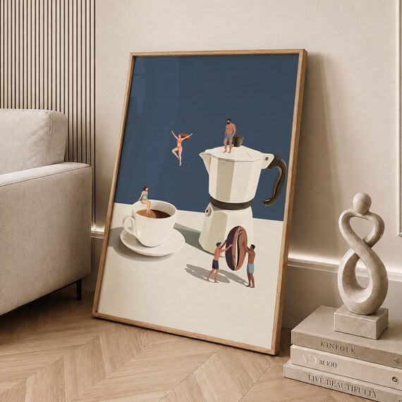 Whimsical Coffee Adventure Moka Pot Tiny People Kitchen Art Poster