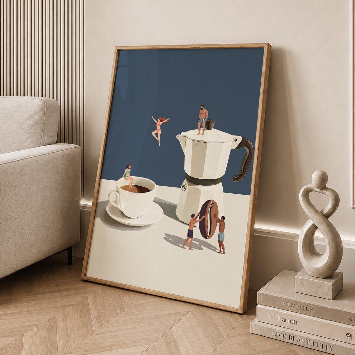 Whimsical Coffee Adventure Moka Pot Tiny People Kitchen Art Poster