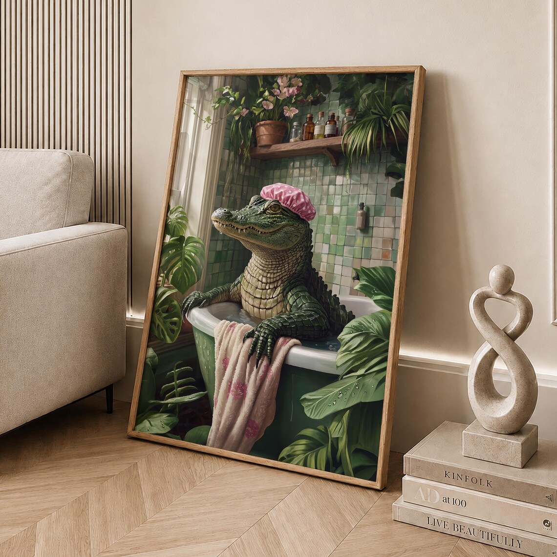 Gator In Bathtub Eclectic Bathroom Wall Art Print