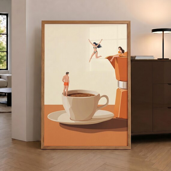 Tiny Swimmers Giant Coffee Cup Moka Pot Playful Kitchen Poster